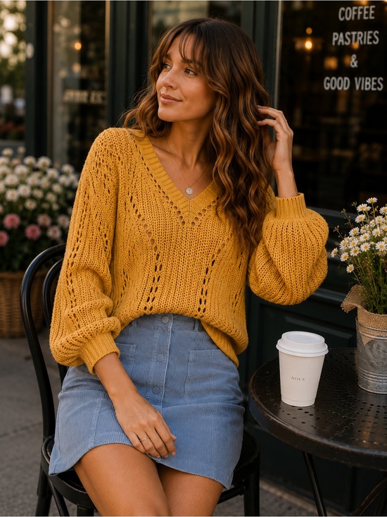 moon & madison Sweaters - Moon & Madison Mustard Pointelle Balloon Sleeve Sweater | Size S